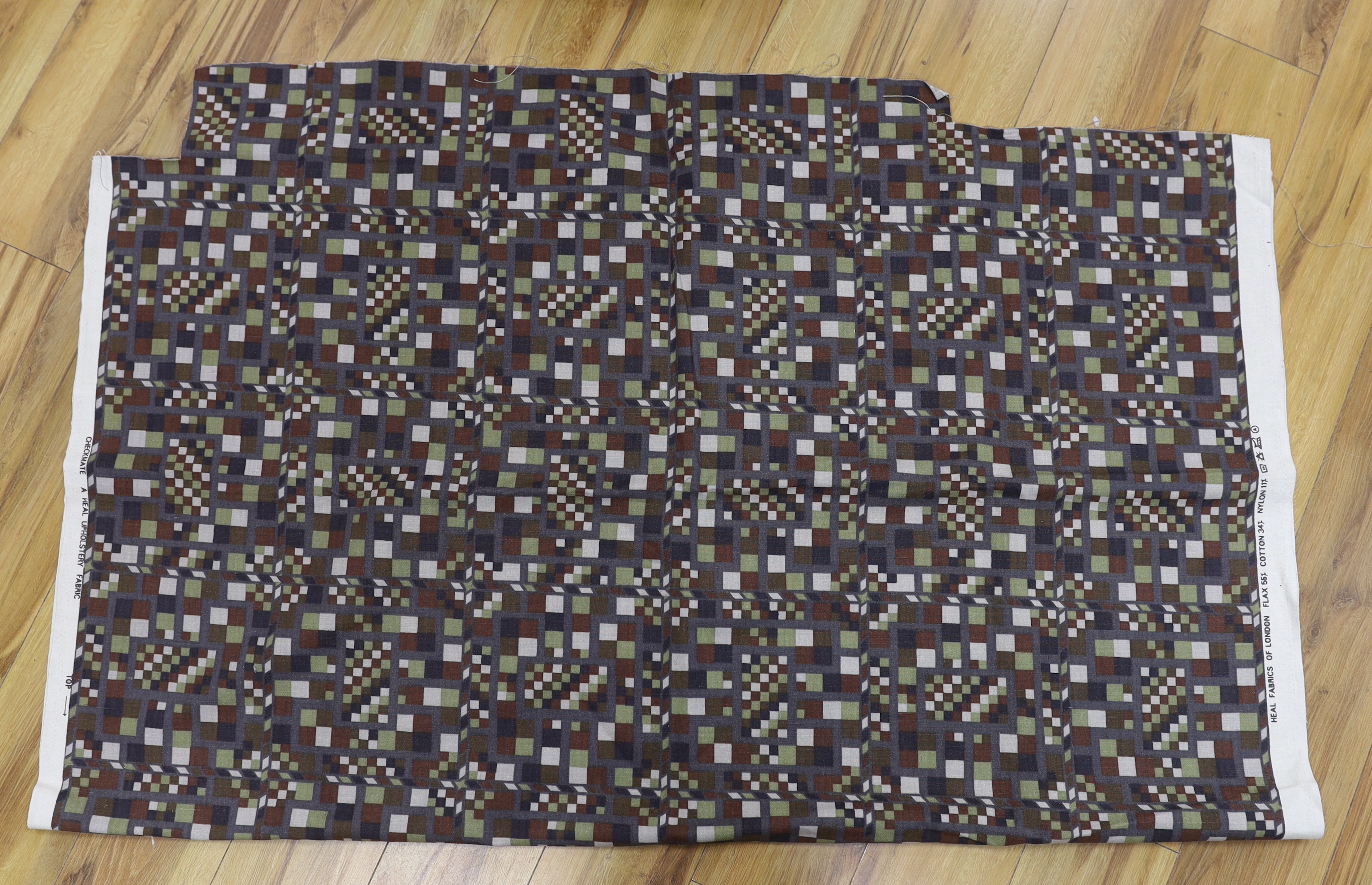 A length of Heals ‘Checkmate’ printed vintage 1970's upholstery fabric, 148cm wide x 316cm long